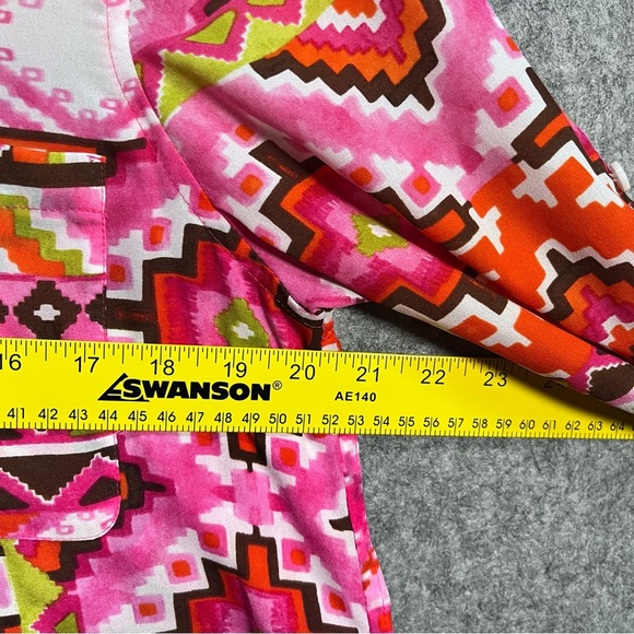 Geometric Pink Green Brown Long Sleeve Collar Shirt Button Front Medium - Picture 6 of 7